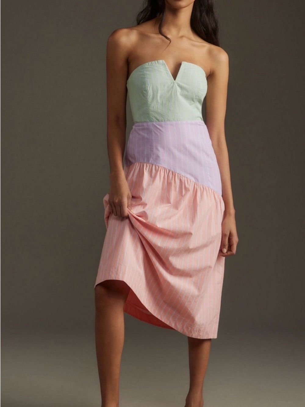 Maeve Strapless Colorblock Midi Dress in Mint, Lavender & Soft Pink